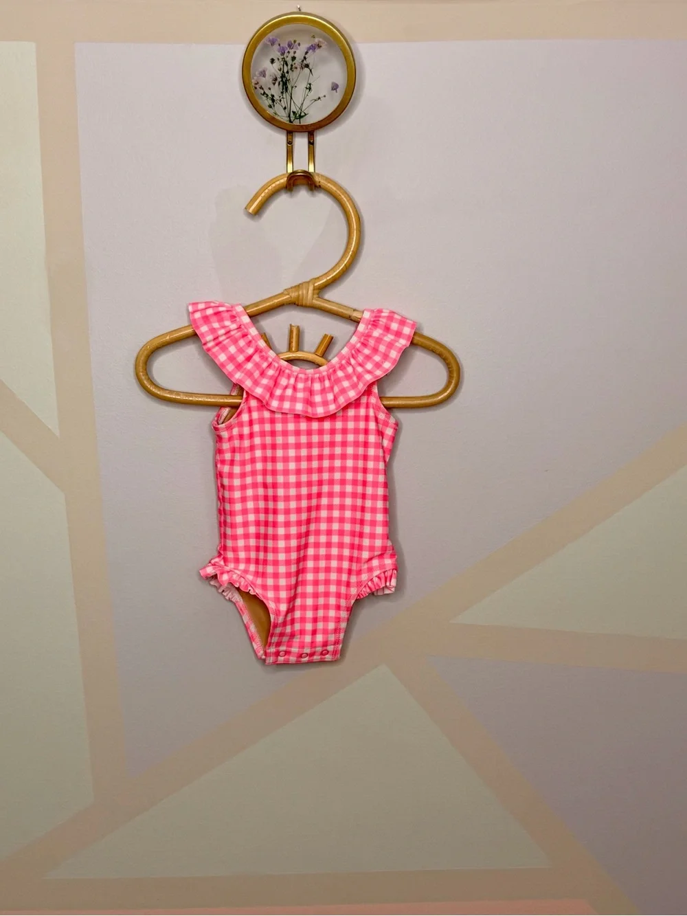 Old Navy Pink & White Gingham Ruffle One-Piece Swimsuit - Kids